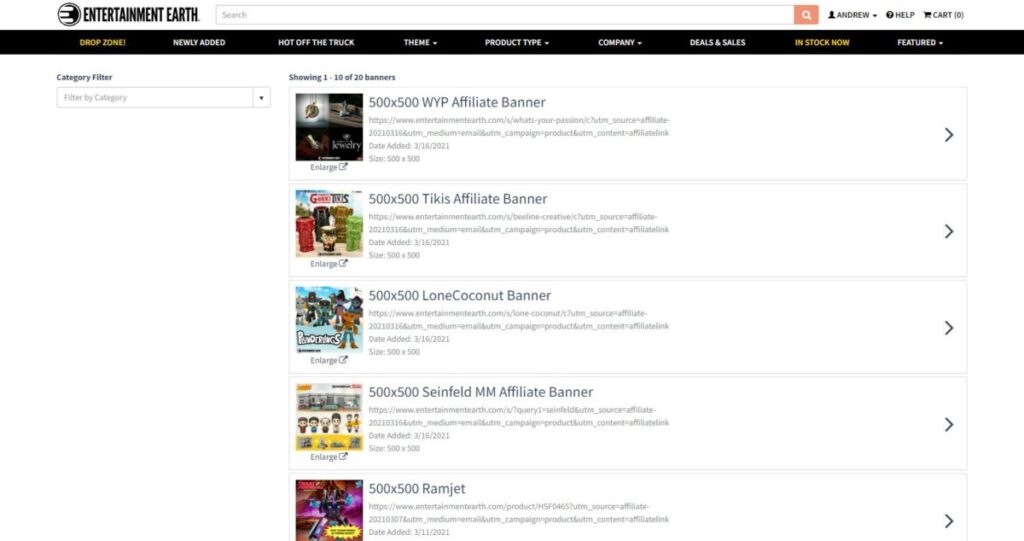 Entertainment Earth affiliates banners